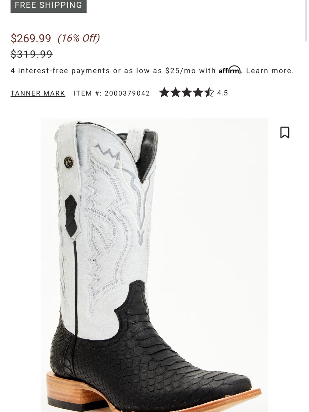 Tanner Mark Men’s Black & White Exotic Western Cowboy Boots